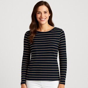 Lauren Ralph Lauren Womens Striped Long Sleeve Top Shirt Black Gold Size M